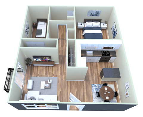 Floor plan for 2 beds, 1 bath, 890 sqft